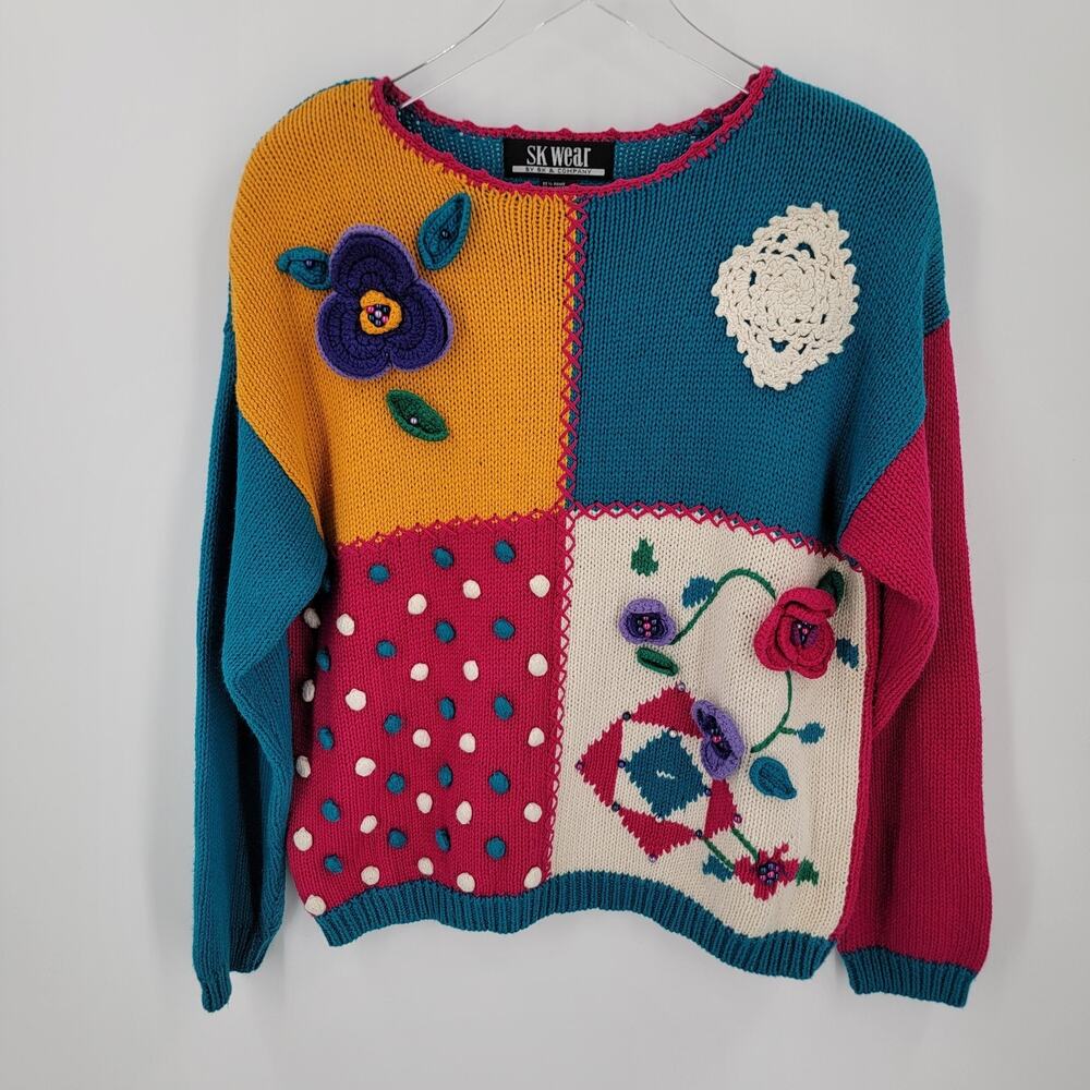 SK Wear Sweater Womens Medium Colorful Knit Floral Beaded Shoulder Pads Vintage